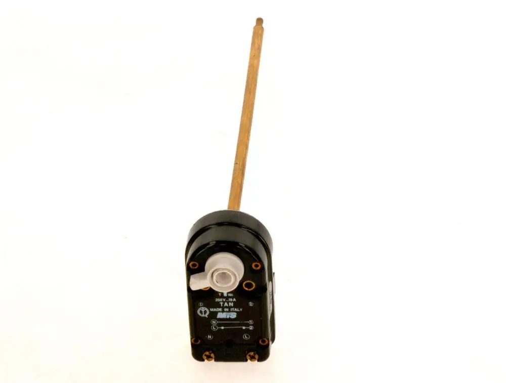 Temperature regulator von Bosch mit einem langen, metallischen Sensorstab und einem schwarzen Gehäuse, das elektrische Anschlüsse aufweist.